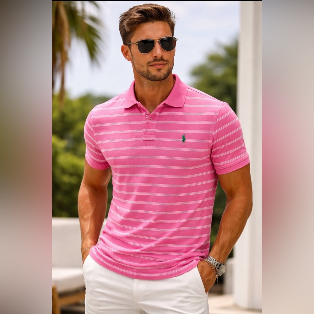 Vintage Ralph Lauren Polo Shirt Pink White Stripe Custom Fit XL (Fits L)  Soft